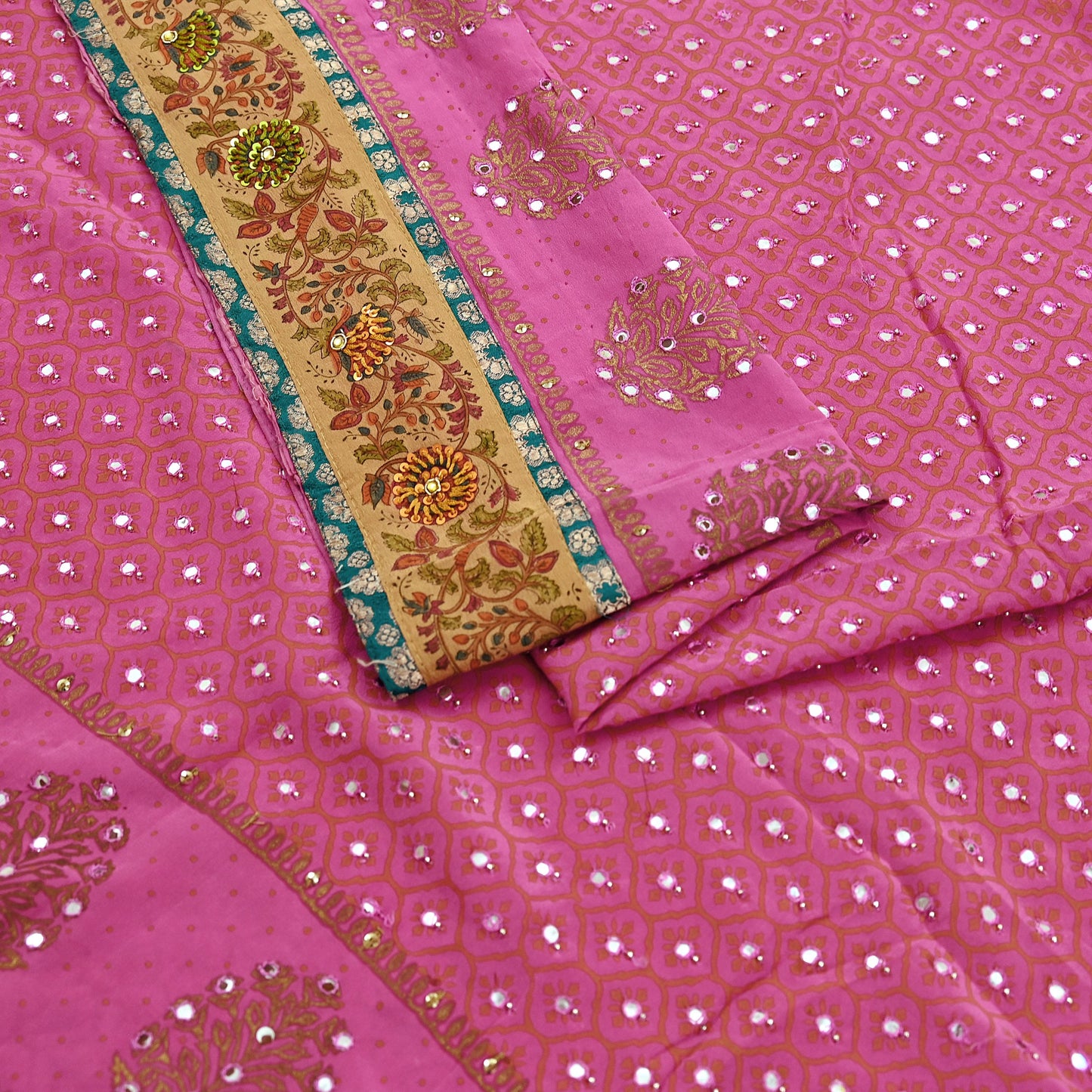 Indian Vintage Sari Pink Pure Crepe Silk Hand Embroidered Painted Saree 5yd Sewing Craft Fabric Dress Making Crafting Quilting Sequins