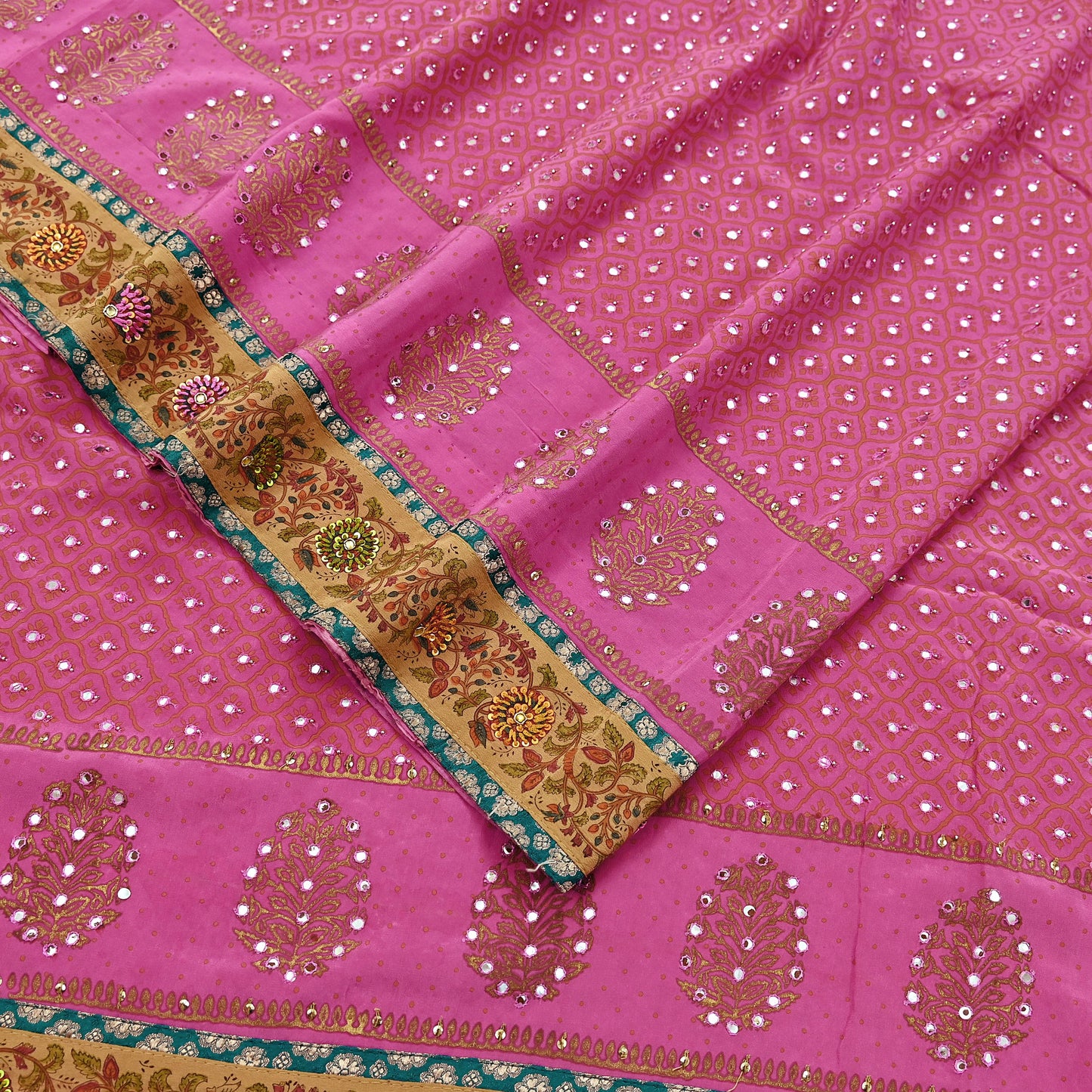 Indian Vintage Sari Pink Pure Crepe Silk Hand Embroidered Painted Saree 5yd Sewing Craft Fabric Dress Making Crafting Quilting Sequins