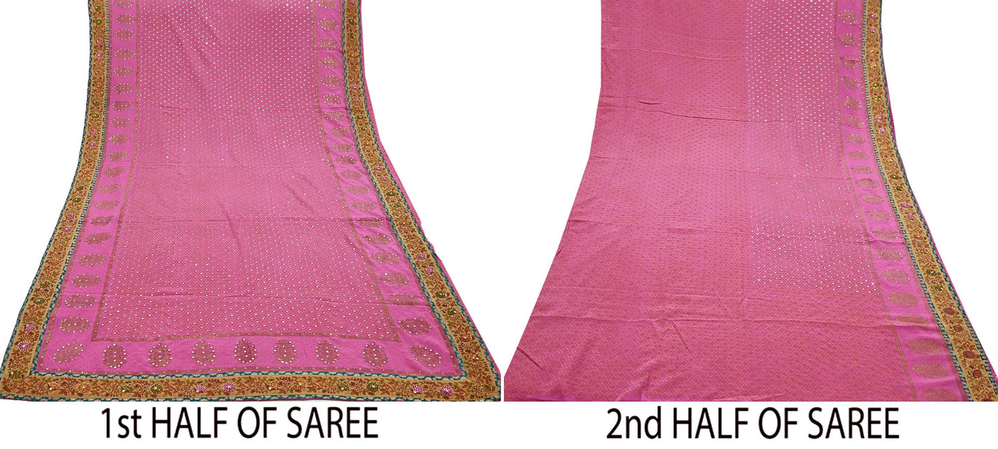 Indian Vintage Sari Pink Pure Crepe Silk Hand Embroidered Painted Saree 5yd Sewing Craft Fabric Dress Making Crafting Quilting Sequins