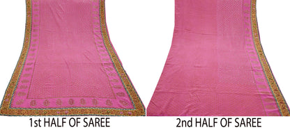 Indian Vintage Sari Pink Pure Crepe Silk Hand Embroidered Painted Saree 5yd Sewing Craft Fabric Dress Making Crafting Quilting Sequins