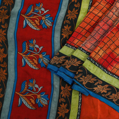 Indian Vintage Sari Orange & Red Pure Crepe Silk Printed Saree 5yd Sewing Floral Soft Craft Fabric Wrap Dress making Crafting Quilting