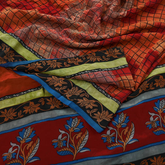 Indian Vintage Sari Orange & Red Pure Crepe Silk Printed Saree 5yd Sewing Floral Soft Craft Fabric Wrap Dress making Crafting Quilting