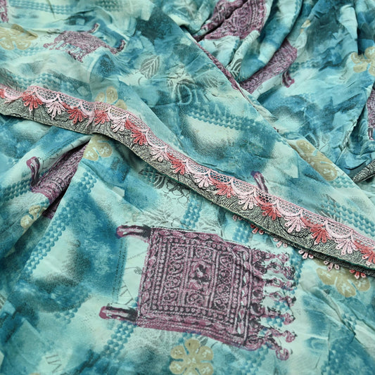 Indian Vintage Sari Blue Pure Crepe Silk Printed Saree 5yd Sewing Floral Soft Craft Fabric Wrap Dress making Crafting Quilting