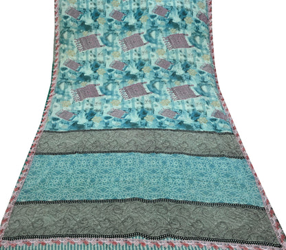 Indian Vintage Sari Blue Pure Crepe Silk Printed Saree 5yd Sewing Floral Soft Craft Fabric Wrap Dress making Crafting Quilting