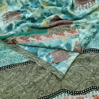 Indian Vintage Sari Blue Pure Crepe Silk Printed Saree 5yd Sewing Floral Soft Craft Fabric Wrap Dress making Crafting Quilting