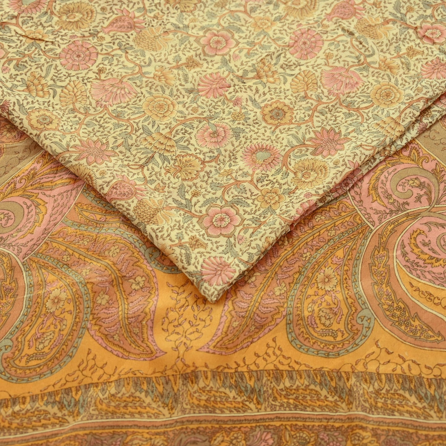 Indian Vintage Sari Beige Pure Crepe Silk Printed Sarees 5yd Sewing Floral Soft Craft Fabric Wrap Dress making Crafting Quilting Used