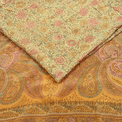 Indian Vintage Sari Beige Pure Crepe Silk Printed Sarees 5yd Sewing Floral Soft Craft Fabric Wrap Dress making Crafting Quilting Used