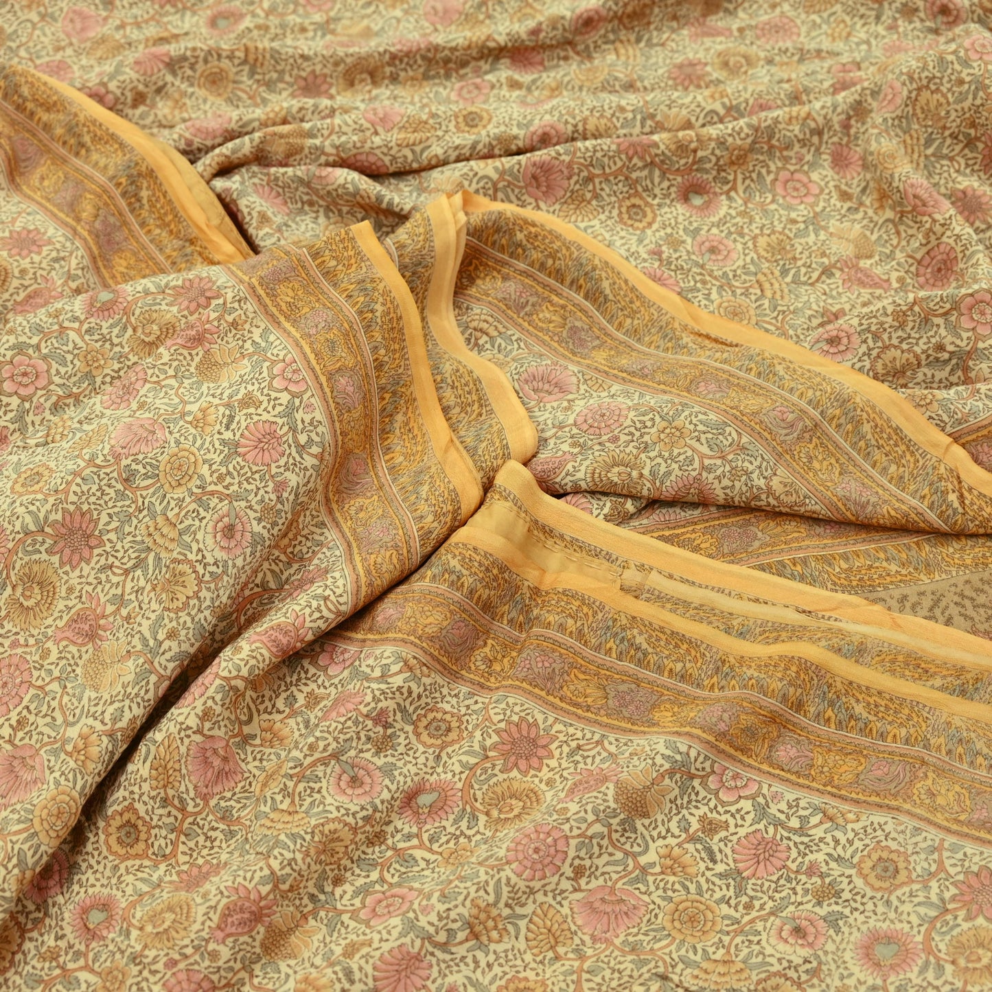 Indian Vintage Sari Beige Pure Crepe Silk Printed Sarees 5yd Sewing Floral Soft Craft Fabric Wrap Dress making Crafting Quilting Used