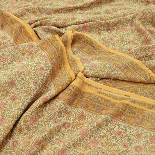 Indian Vintage Sari Beige Pure Crepe Silk Printed Sarees 5yd Sewing Floral Soft Craft Fabric Wrap Dress making Crafting Quilting Used