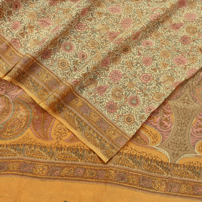 Indian Vintage Sari Beige Pure Crepe Silk Printed Sarees 5yd Sewing Floral Soft Craft Fabric Wrap Dress making Crafting Quilting Used