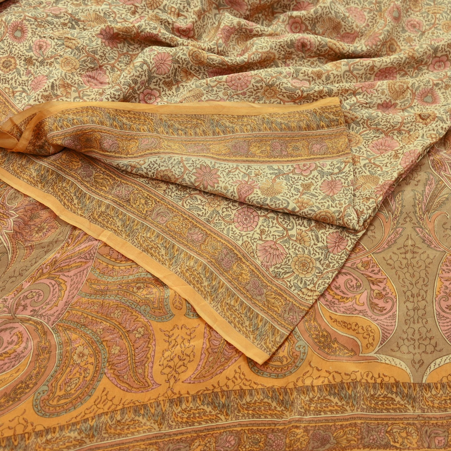 Indian Vintage Sari Beige Pure Crepe Silk Printed Sarees 5yd Sewing Floral Soft Craft Fabric Wrap Dress making Crafting Quilting Used