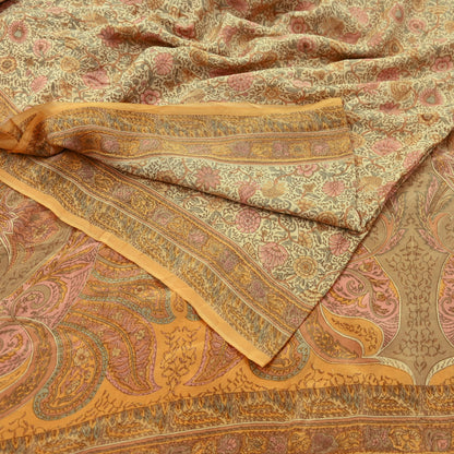 Indian Vintage Sari Beige Pure Crepe Silk Printed Sarees 5yd Sewing Floral Soft Craft Fabric Wrap Dress making Crafting Quilting Used