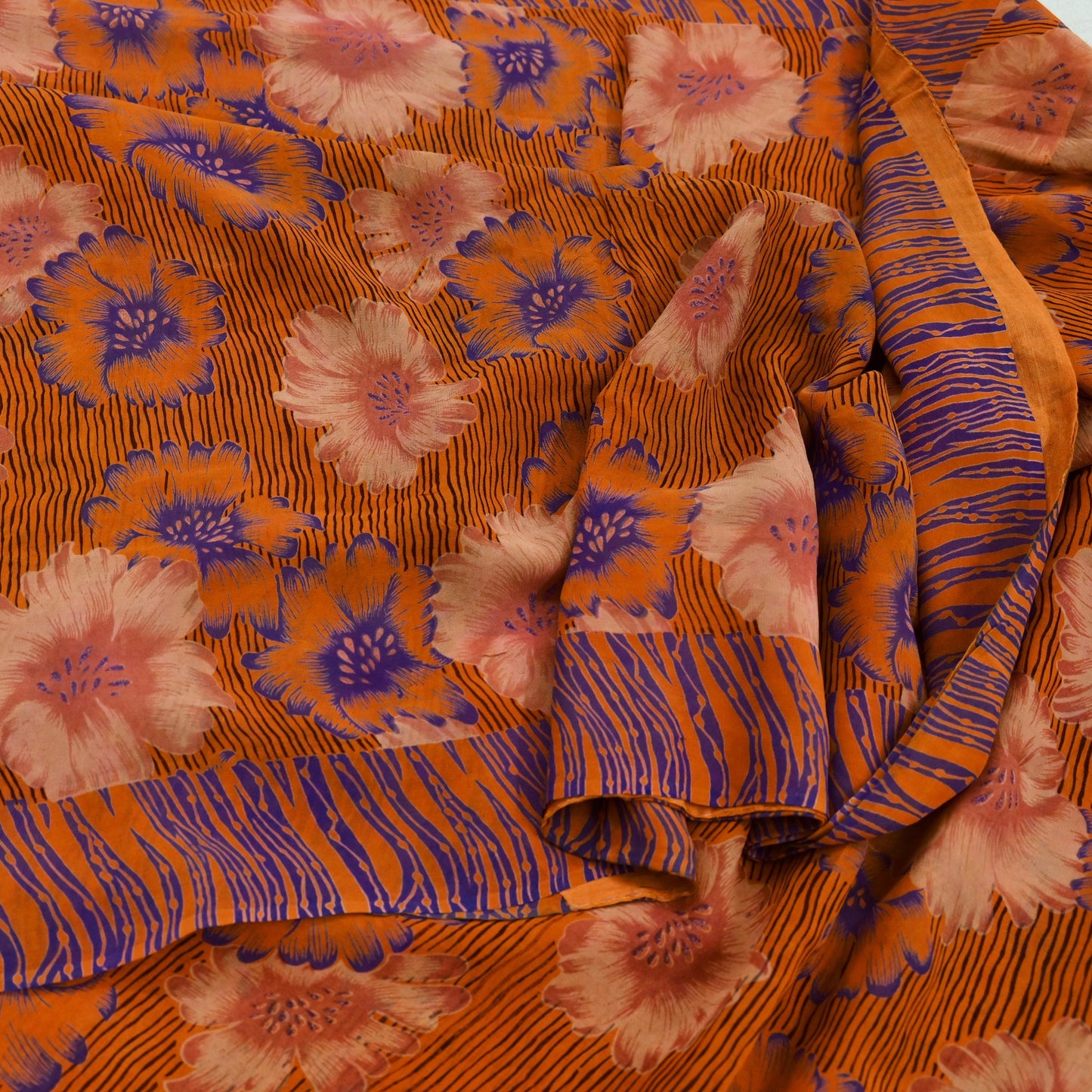 Indian Vintage Sari Orange Pure Georgette Silk Printed Sarees 6Yd Craft Fabric Sewing Quilting Dress making Crafting Dress Designing