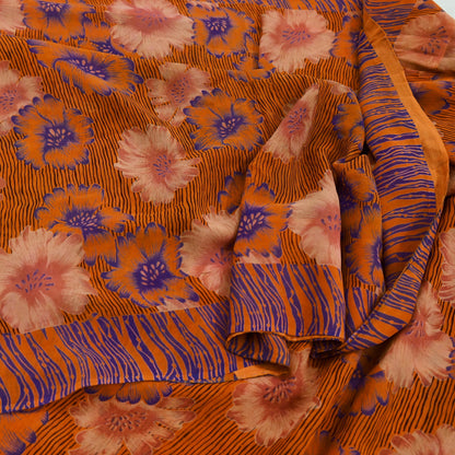 Indian Vintage Sari Orange Pure Georgette Silk Printed Sarees 6Yd Craft Fabric Sewing Quilting Dress making Crafting Dress Designing