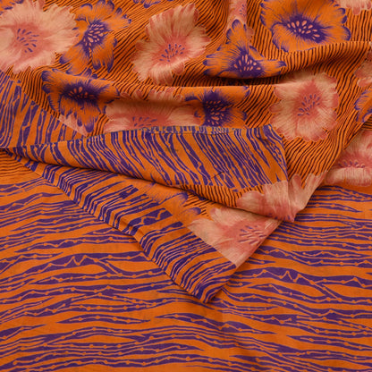 Indian Vintage Sari Orange Pure Georgette Silk Printed Sarees 6Yd Craft Fabric Sewing Quilting Dress making Crafting Dress Designing