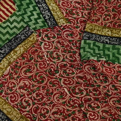 Women Vintage Sari Beige & red Pure Georgette Silk Block Printed Saree Craft Fabric Sewing 5Yd Soft Light Sari Dress Making Quilting