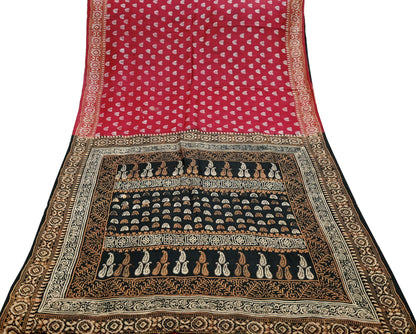 Indian Vintage Sari Black & Red Pure Silk Block Printed Sarees 5yd Sewing Craft Fabric Dress Making Soft Quilting Crafting Upcycle Used