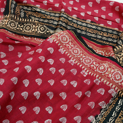Indian Vintage Sari Black & Red Pure Silk Block Printed Sarees 5yd Sewing Craft Fabric Dress Making Soft Quilting Crafting Upcycle Used