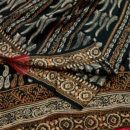 Indian Vintage Sari Black & Red Pure Silk Block Printed Sarees 5yd Sewing Craft Fabric Dress Making Soft Quilting Crafting Upcycle Used