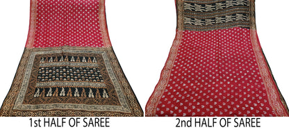 Indian Vintage Sari Black & Red Pure Silk Block Printed Sarees 5yd Sewing Craft Fabric Dress Making Soft Quilting Crafting Upcycle Used
