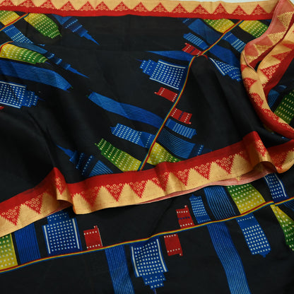 Indian Vintage Sari Black Printed Pure Silk Sarees Craft Fabric 6yd Sewing Floral Soft Dress Designing  for Crafting Quilting Upcycle Wrap