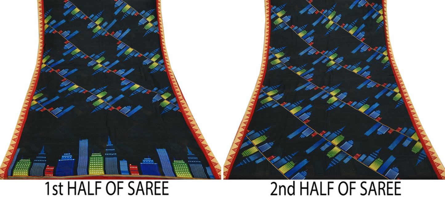 Indian Vintage Sari Black Printed Pure Silk Sarees Craft Fabric 6yd Sewing Floral Soft Dress Designing  for Crafting Quilting Upcycle Wrap