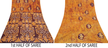 Indian Vintage Saffron & Brown Saree Batik Printed 100% Pure Cotton Sari Craft Fabric Soft 5Yd Sewing Sarong Wrap Boho Dress Making Upcycle
