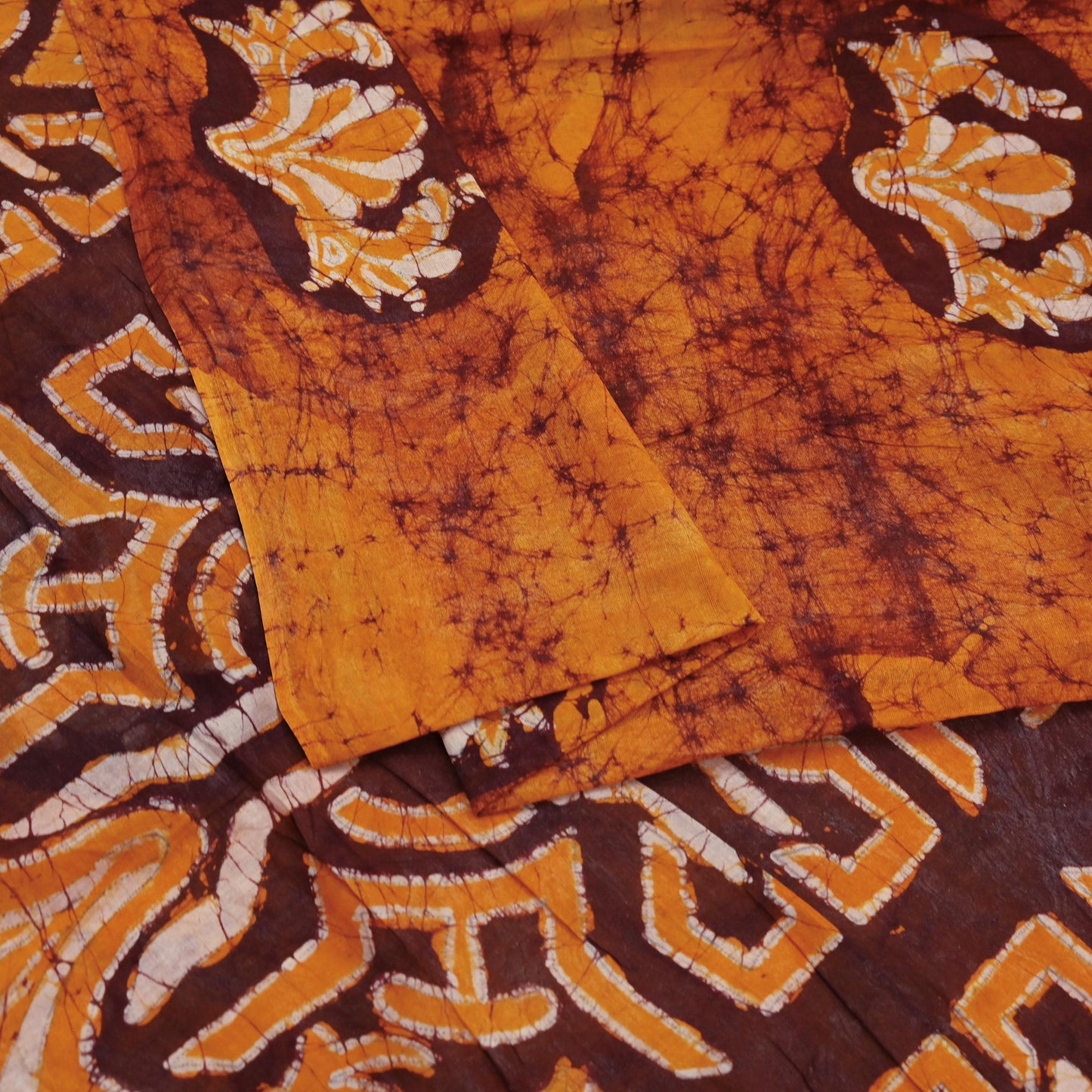 Indian Vintage Saffron & Brown Saree Batik Printed 100% Pure Cotton Sari Craft Fabric Soft 5Yd Sewing Sarong Wrap Boho Dress Making Upcycle