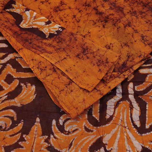 Indian Vintage Saffron & Brown Saree Batik Printed 100% Pure Cotton Sari Craft Fabric Soft 5Yd Sewing Sarong Wrap Boho Dress Making Upcycle