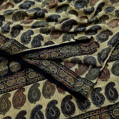 Indian Vintage Sari Beige Pure Crepe Silk Printed Sarees 5yd Sewing Paisley Soft Craft Fabric Wrap Dress making Crafting Quilting Used
