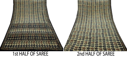Indian Vintage Sari Beige Pure Crepe Silk Printed Sarees 5yd Sewing Paisley Soft Craft Fabric Wrap Dress making Crafting Quilting Used