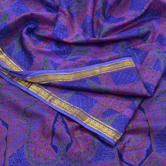 Indian Vintage Sari Purple Pure Silk Woven Printed Saree Craft Fabric 6yd Sewing DressMaking Soft Woven Border Crafting Upcycle Quilting