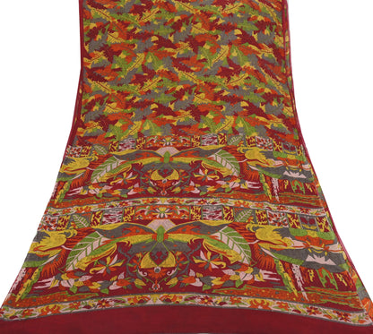 Indian Vintage Sari Red 100% Pure Silk Printed Saree Craft Fabric 6yd Sewing DressMaking  Soft Abstract Crafting Quilting Upcycle