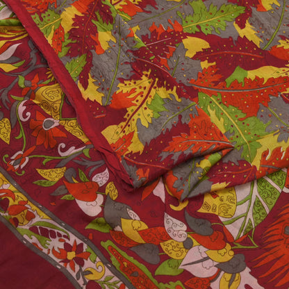 Indian Vintage Sari Red 100% Pure Silk Printed Saree Craft Fabric 6yd Sewing DressMaking  Soft Abstract Crafting Quilting Upcycle