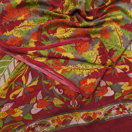 Indian Vintage Sari Red 100% Pure Silk Printed Saree Craft Fabric 6yd Sewing DressMaking  Soft Abstract Crafting Quilting Upcycle