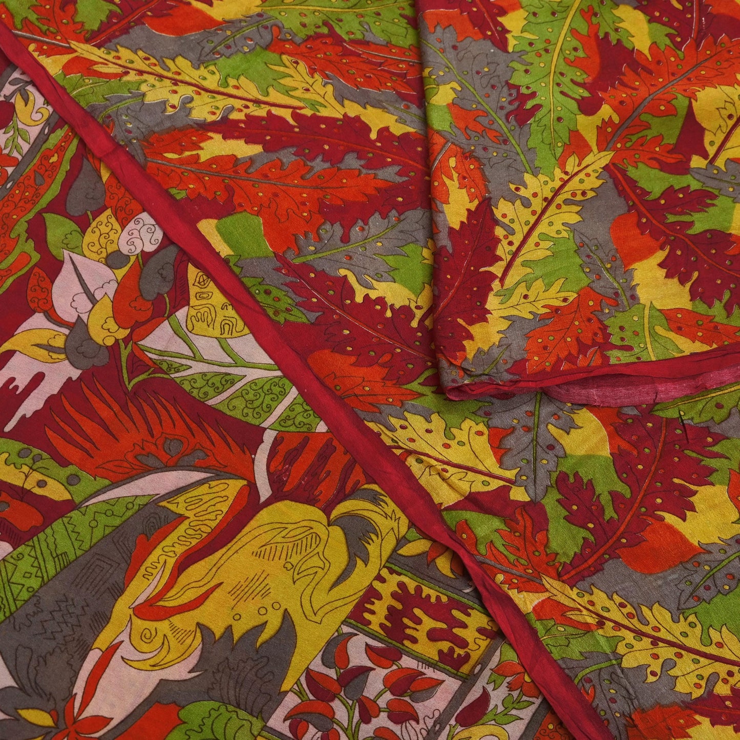 Indian Vintage Sari Red 100% Pure Silk Printed Saree Craft Fabric 6yd Sewing DressMaking  Soft Abstract Crafting Quilting Upcycle