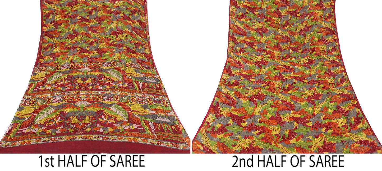 Indian Vintage Sari Red 100% Pure Silk Printed Saree Craft Fabric 6yd Sewing DressMaking  Soft Abstract Crafting Quilting Upcycle