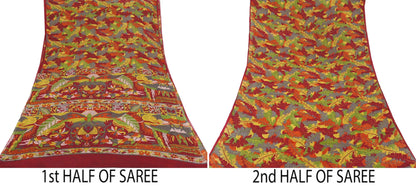 Indian Vintage Sari Red 100% Pure Silk Printed Saree Craft Fabric 6yd Sewing DressMaking  Soft Abstract Crafting Quilting Upcycle