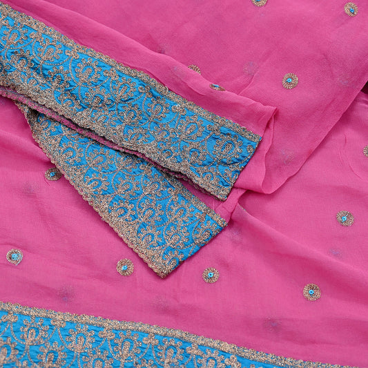Indian Vintage Coral Pink Dupatta Pure Georgette silk Long Stole Hand Embroidered Scarves Stole Veil Wrap Zari