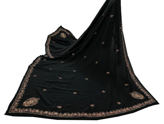 Indian Vintage Black Dupatta Long Stole Pure Crepe Silk Hand Embroidered Scarves Veil Scarf Wrap Hippie Boho Zardozi/ Dabka