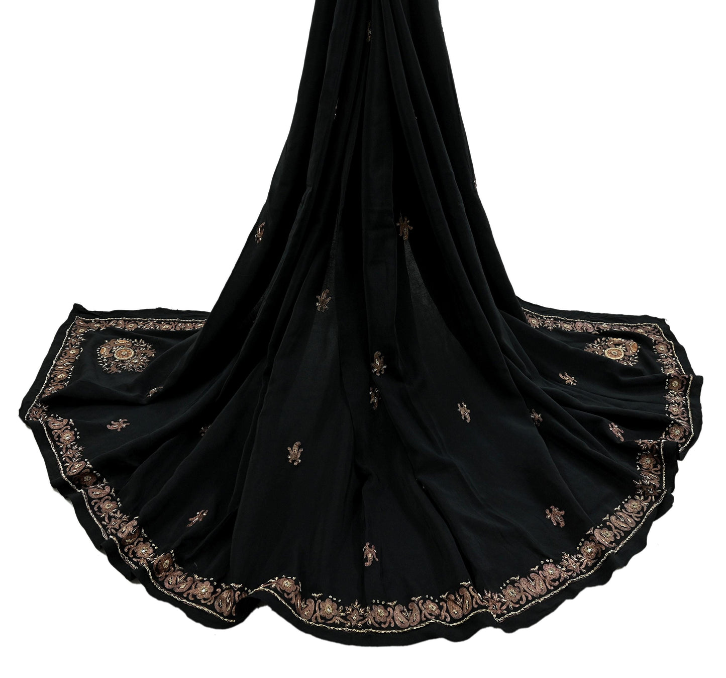 Indian Vintage Black Dupatta Long Stole Pure Crepe Silk Hand Embroidered Scarves Veil Scarf Wrap Hippie Boho Zardozi/ Dabka