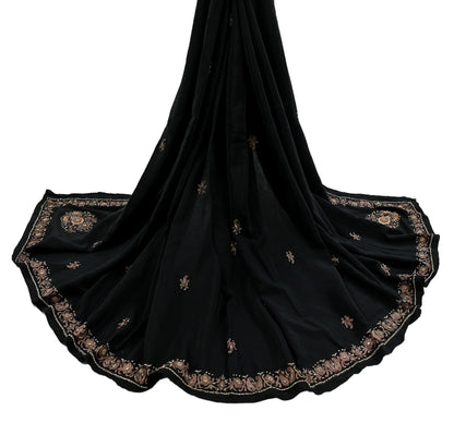 Indian Vintage Black Dupatta Long Stole Pure Crepe Silk Hand Embroidered Scarves Veil Scarf Wrap Hippie Boho Zardozi/ Dabka
