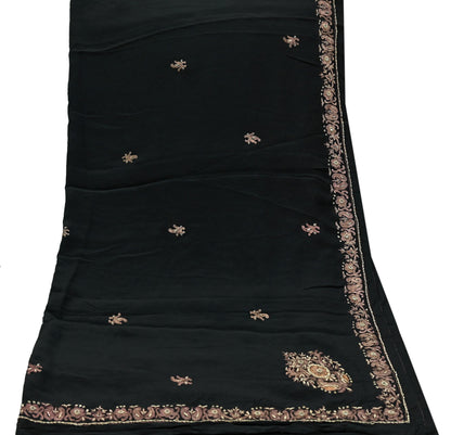 Indian Vintage Black Dupatta Long Stole Pure Crepe Silk Hand Embroidered Scarves Veil Scarf Wrap Hippie Boho Zardozi/ Dabka