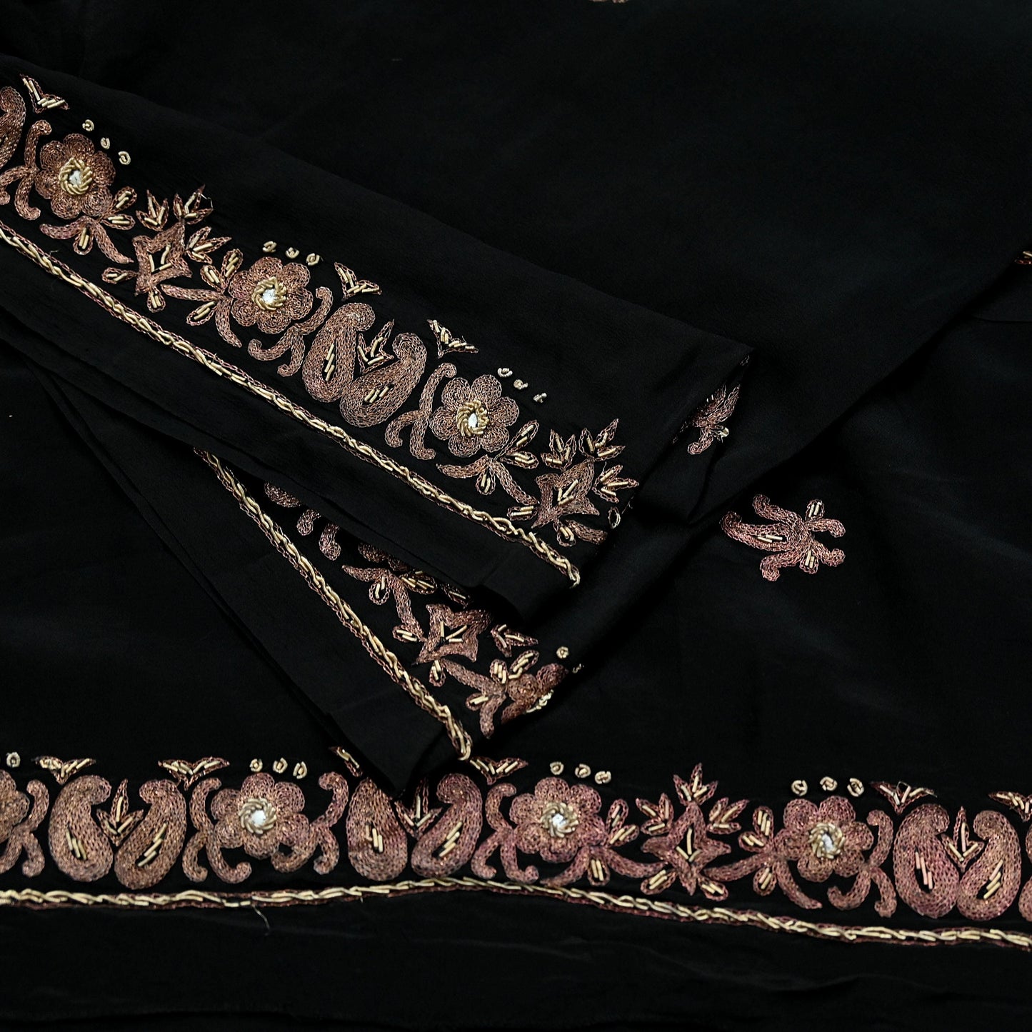 Indian Vintage Black Dupatta Long Stole Pure Crepe Silk Hand Embroidered Scarves Veil Scarf Wrap Hippie Boho Zardozi/ Dabka
