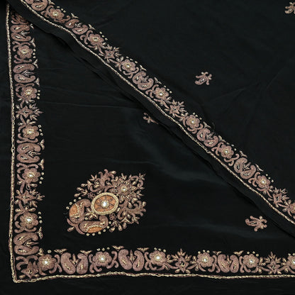 Indian Vintage Black Dupatta Long Stole Pure Crepe Silk Hand Embroidered Scarves Veil Scarf Wrap Hippie Boho Zardozi/ Dabka