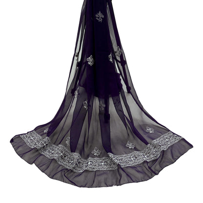 Indian Vintage Dupatta Purple Pure Georgette silk Long Stole Hand Embroidered Chikankari Stole Floral Scarf Scarves