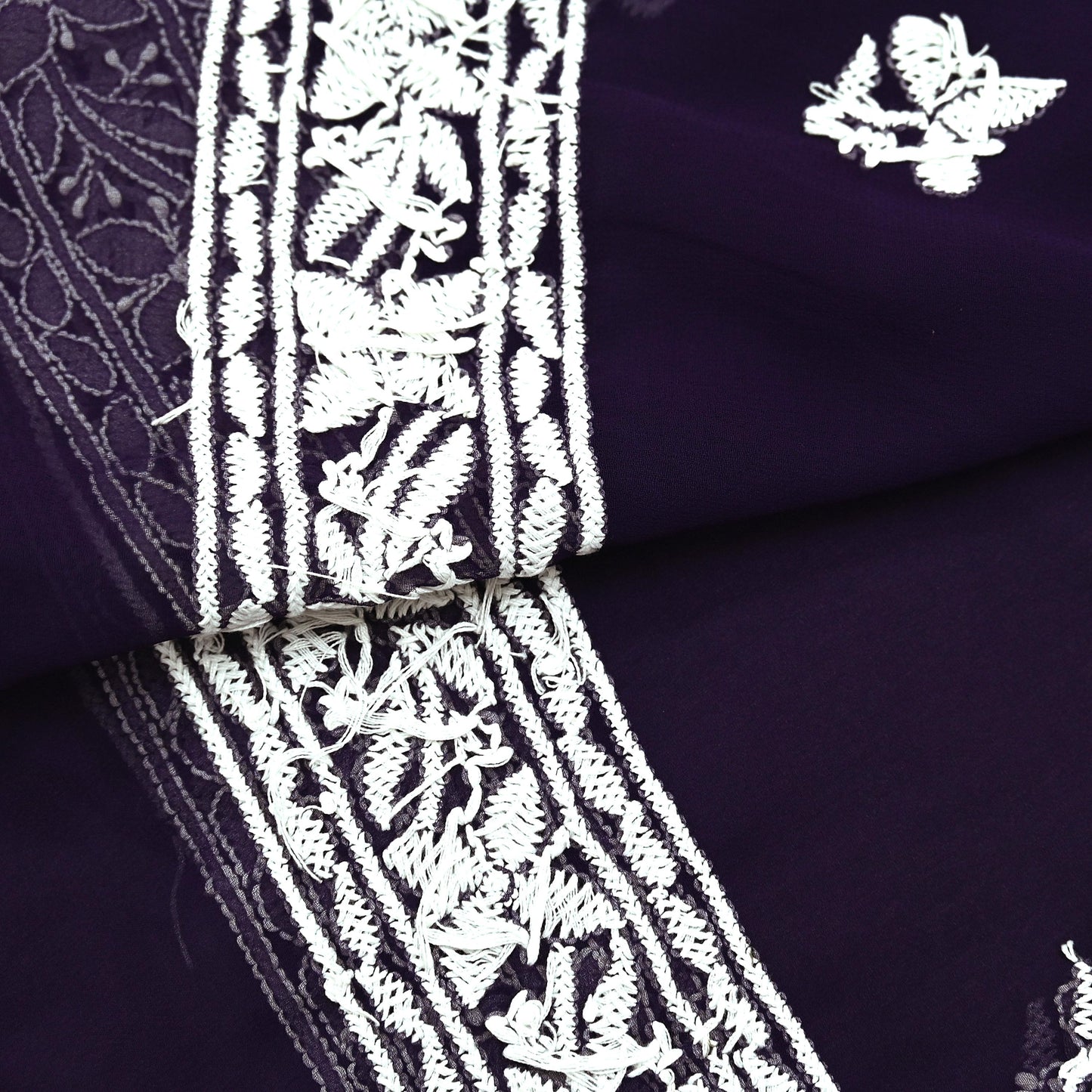 Indian Vintage Dupatta Purple Pure Georgette silk Long Stole Hand Embroidered Chikankari Stole Floral Scarf Scarves
