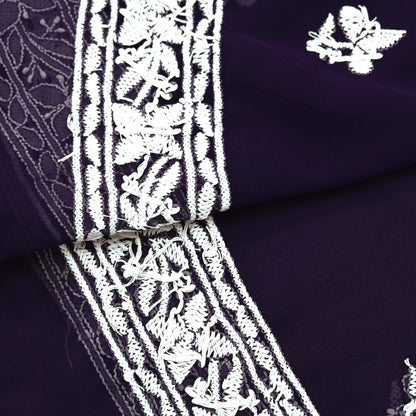 Indian Vintage Dupatta Purple Pure Georgette silk Long Stole Hand Embroidered Chikankari Stole Floral Scarf Scarves