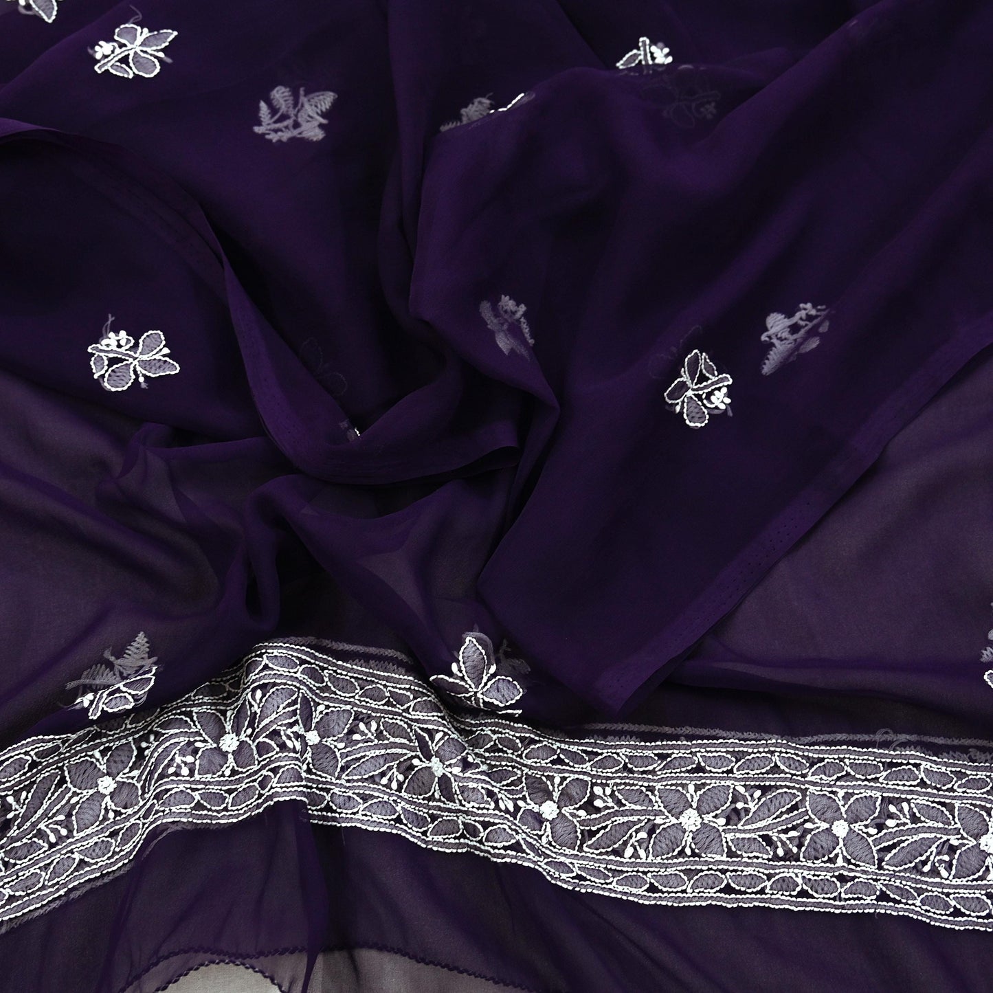 Indian Vintage Dupatta Purple Pure Georgette silk Long Stole Hand Embroidered Chikankari Stole Floral Scarf Scarves