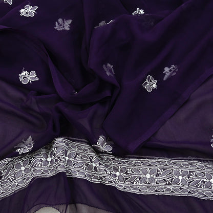 Indian Vintage Dupatta Purple Pure Georgette silk Long Stole Hand Embroidered Chikankari Stole Floral Scarf Scarves